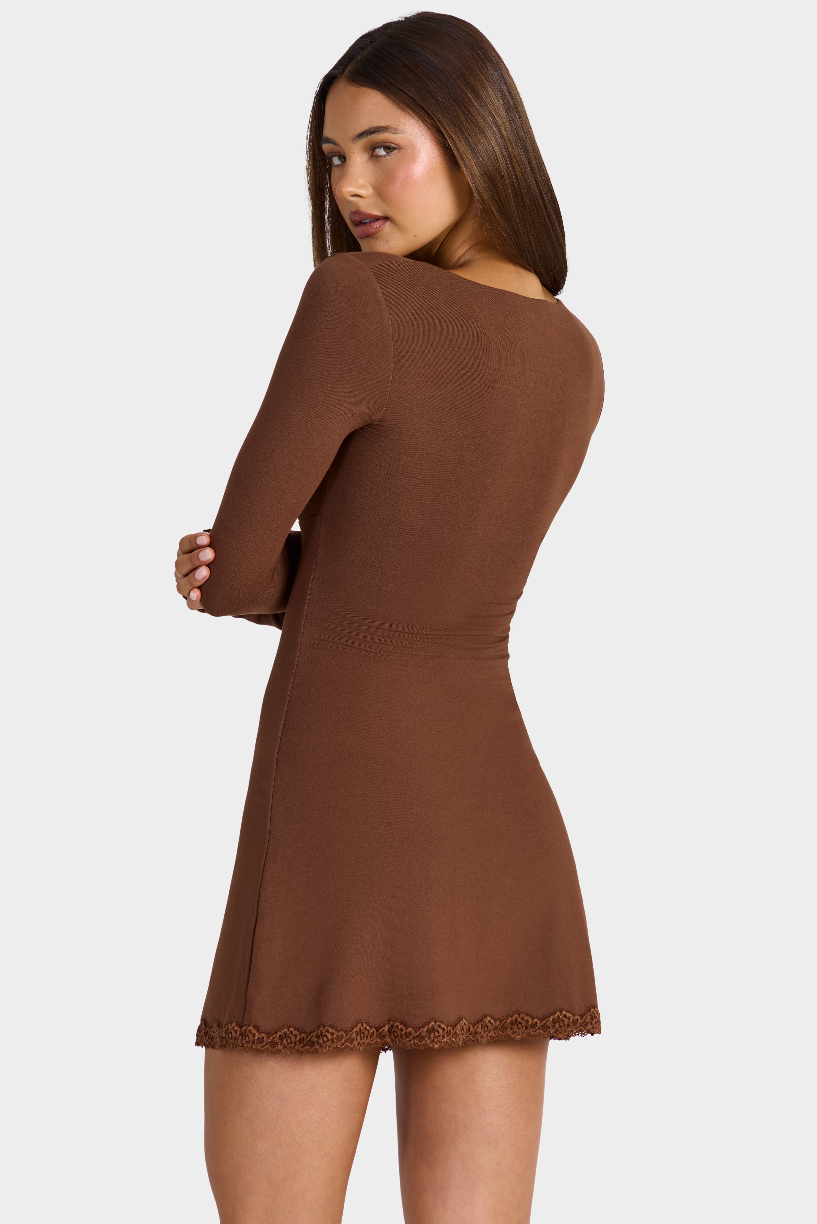 Modal Lace-Trim Long-Sleeve Mini Dress in Cocoa Brown