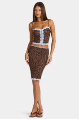 Lace-Trim Low-Rise Midi Skirt in Leopard