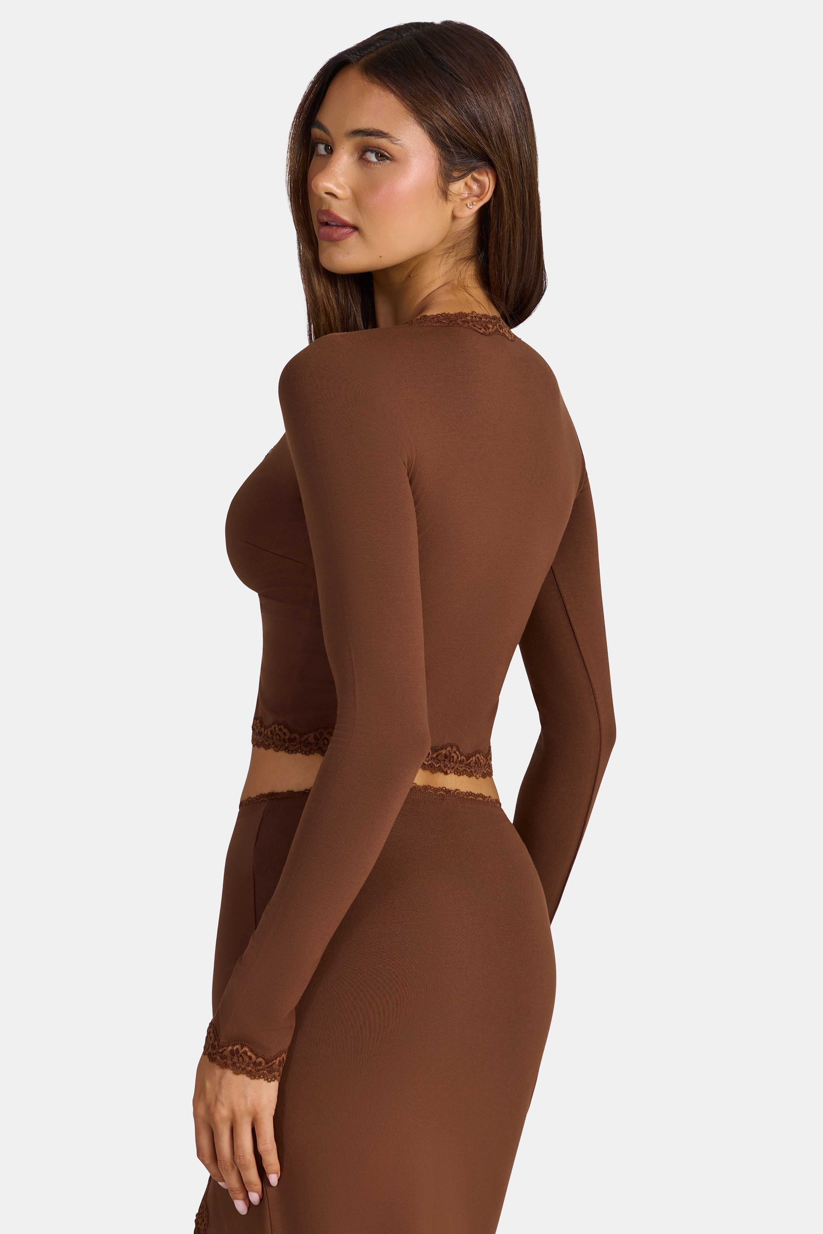 Modal Lace-Trim Cropped Cardigan  in Cocoa Brown