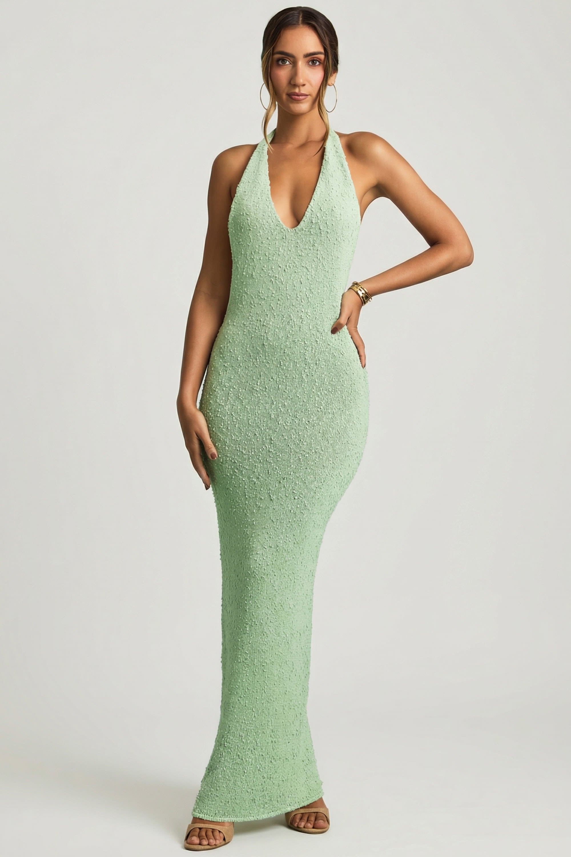 Bouclé Halterneck Maxi Dress in Mint
