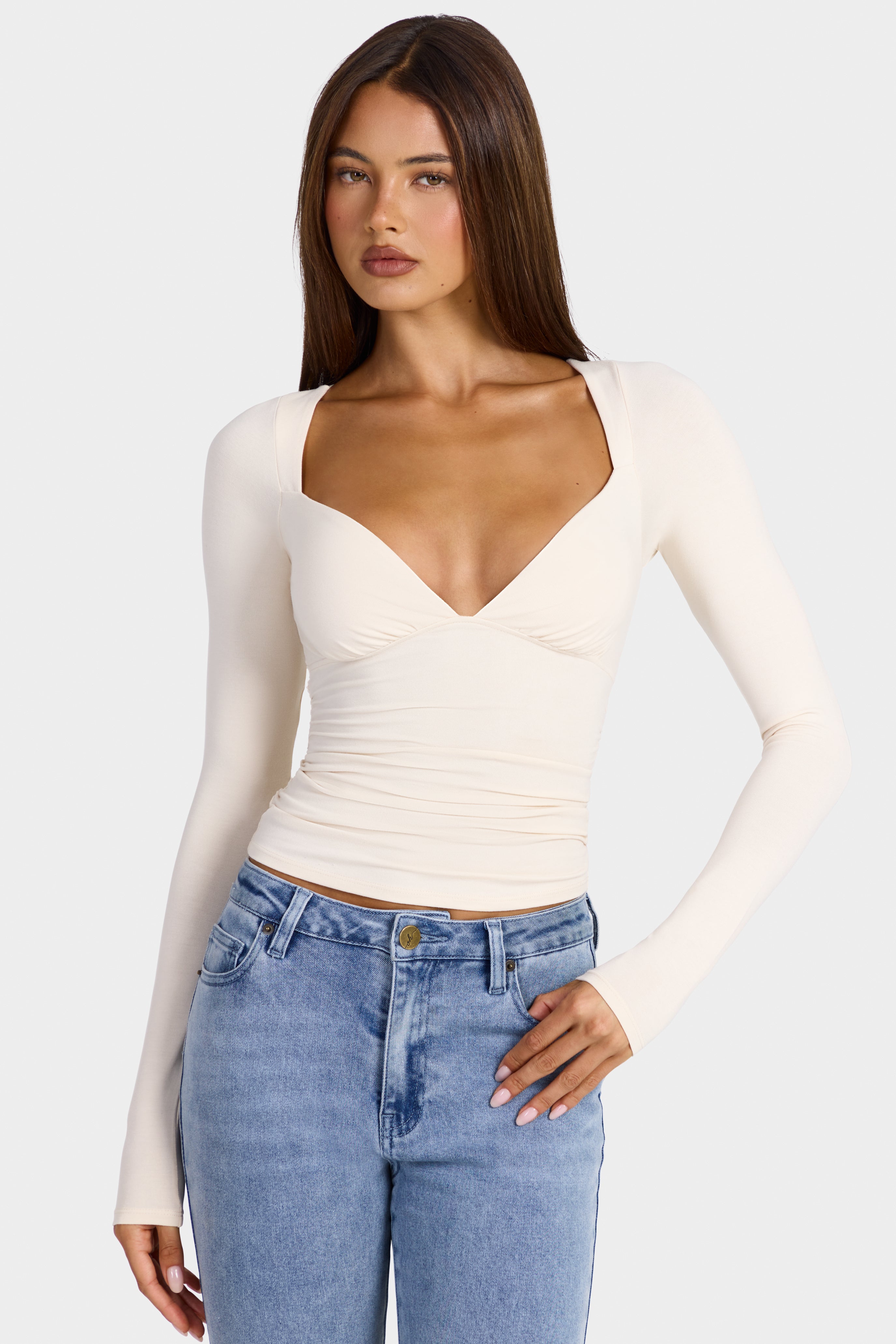 Modal Ruched Long-Sleeve Top in Oat