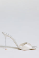 Satin Heeled Mule Sandal in Pearl White