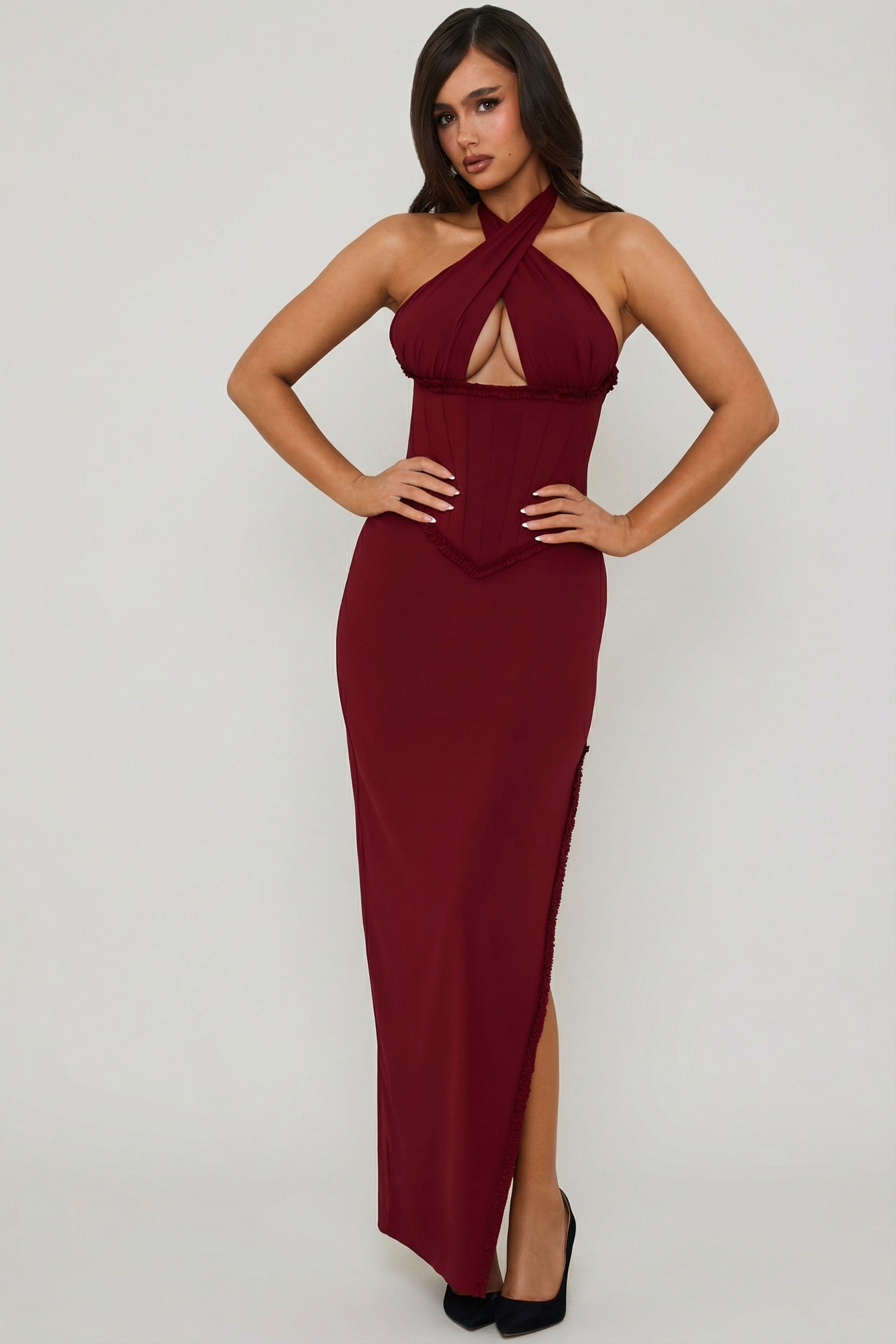 Halterneck Lace-Up Corset Maxi Dress in Berry Red