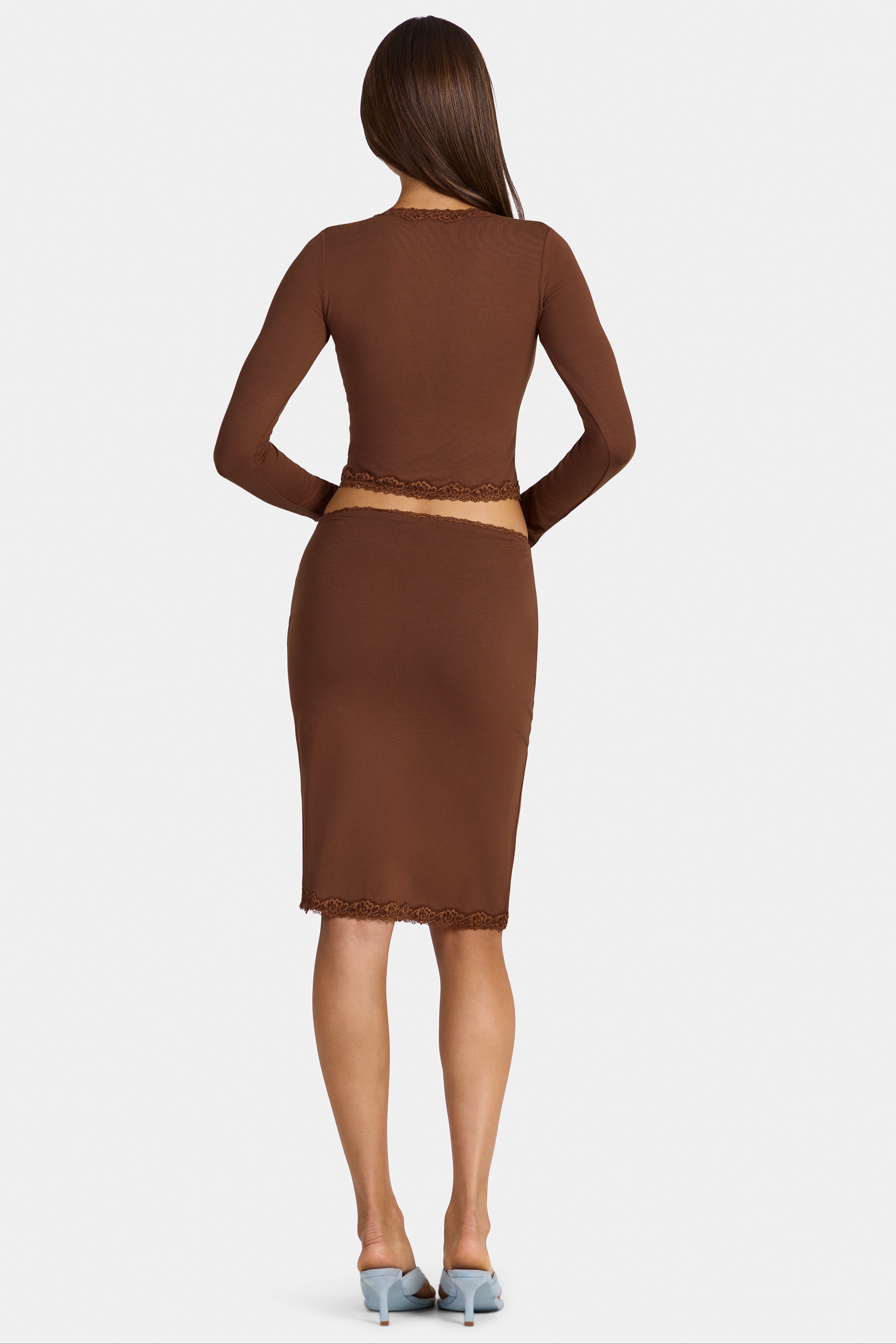 Modal Lace-Trim Low-Rise Midi Skirt in Cocoa Brown