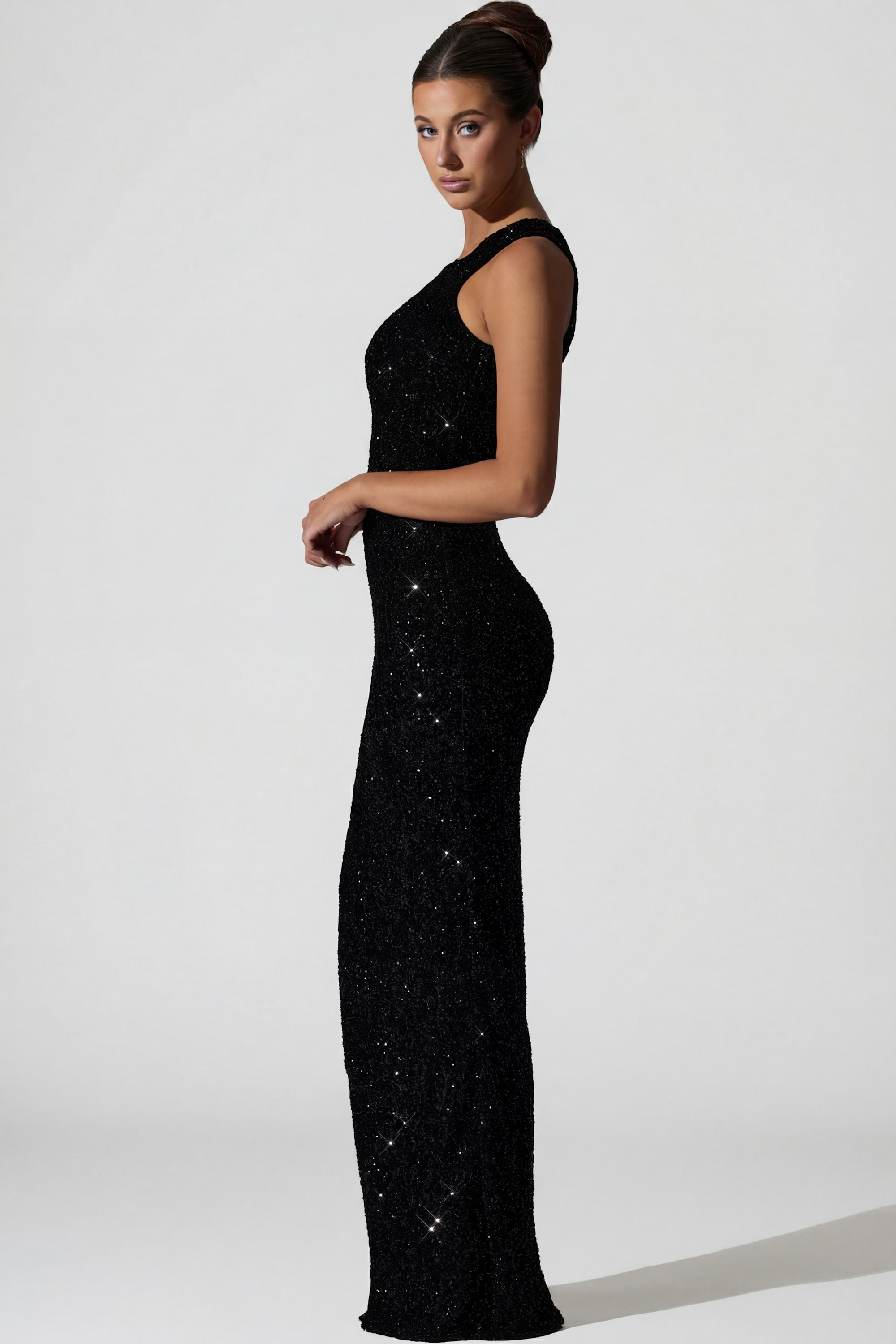 Embellished Asymmetric Cut-Out Gown in Black