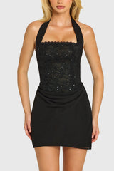 Sequin Lace Corset Mini Dress in Black