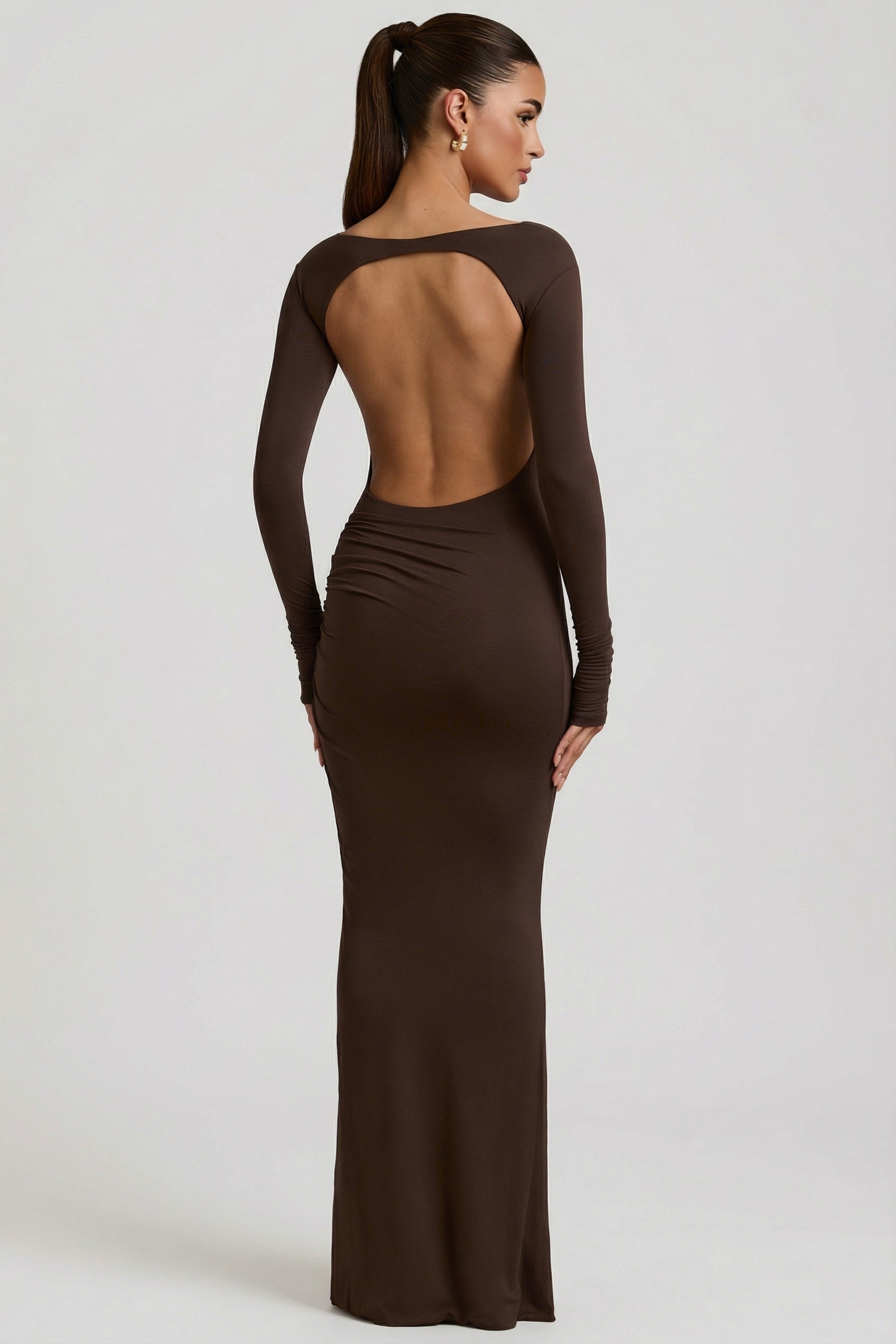 Modal Ruched Backless Maxi Dress in Chocolate Brown