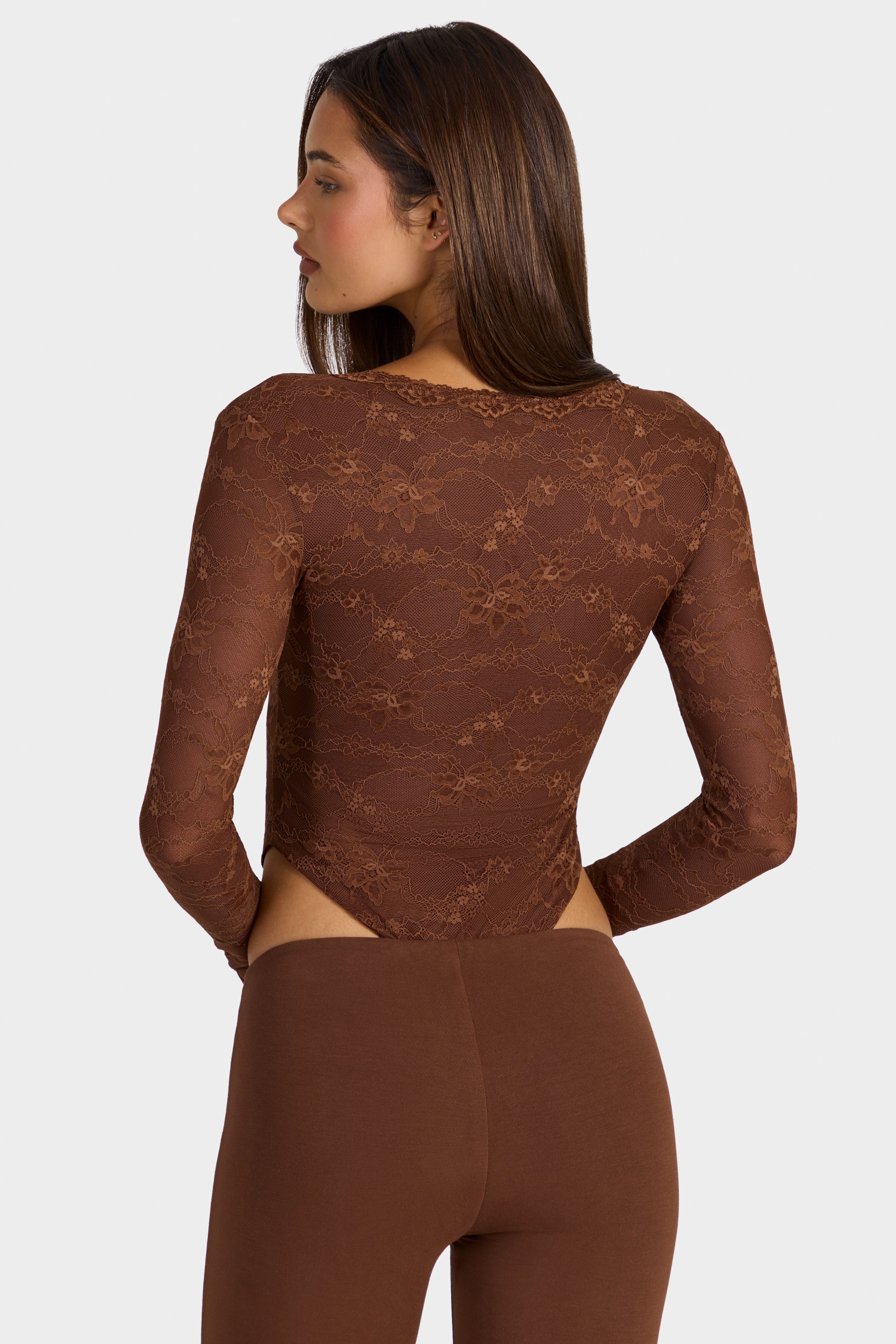 Lace Long-Sleeve Bodysuit in Cocoa Brown