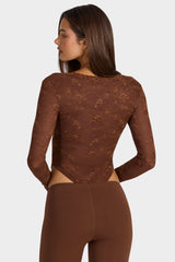 Lace Long-Sleeve Bodysuit in Cocoa Brown