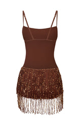 Fringed Backless Mini Dress in Brown Ombre