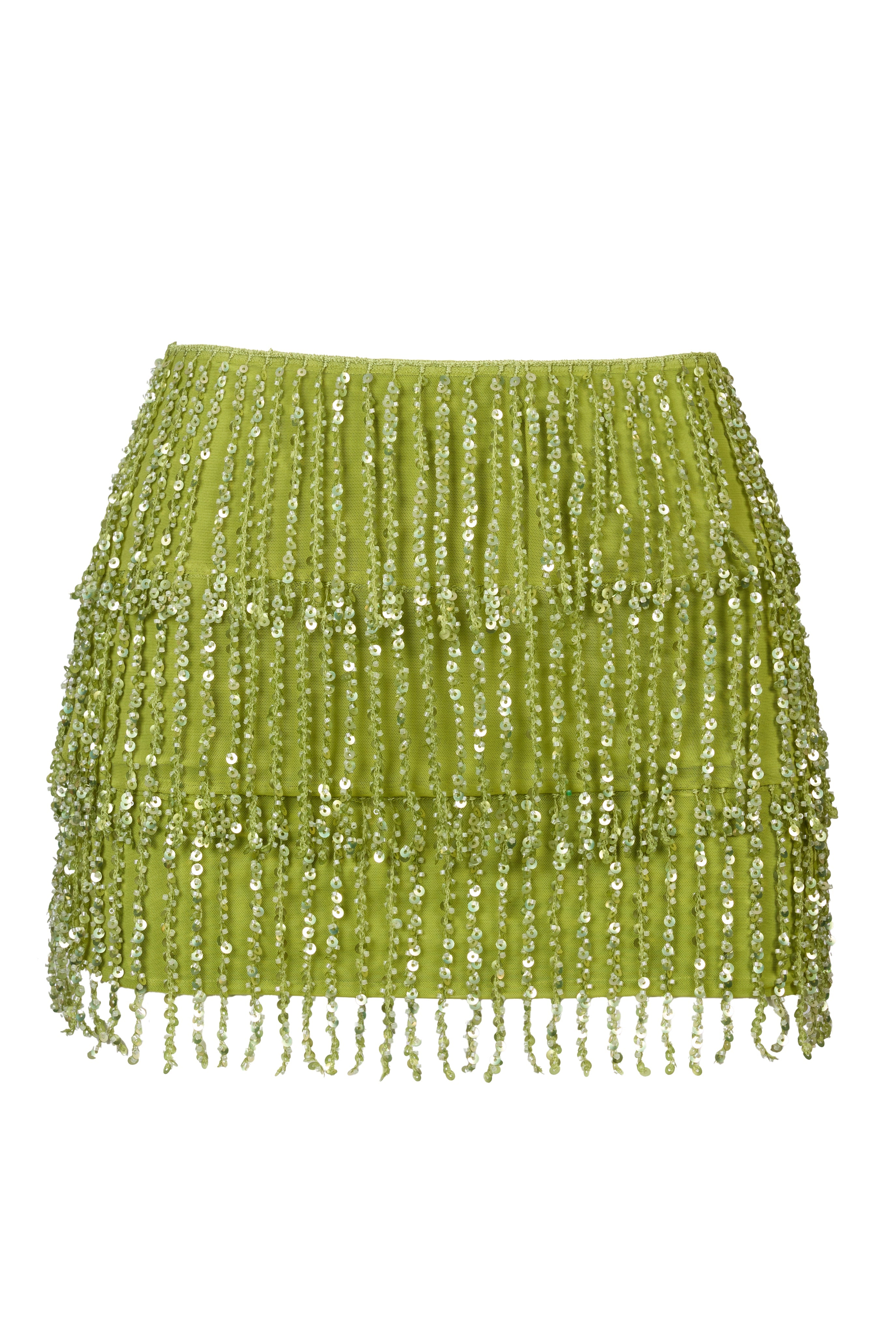 Fringed Low-Rise Mini Skirt in Olive