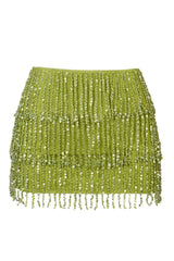 Fringed Low-Rise Mini Skirt in Olive