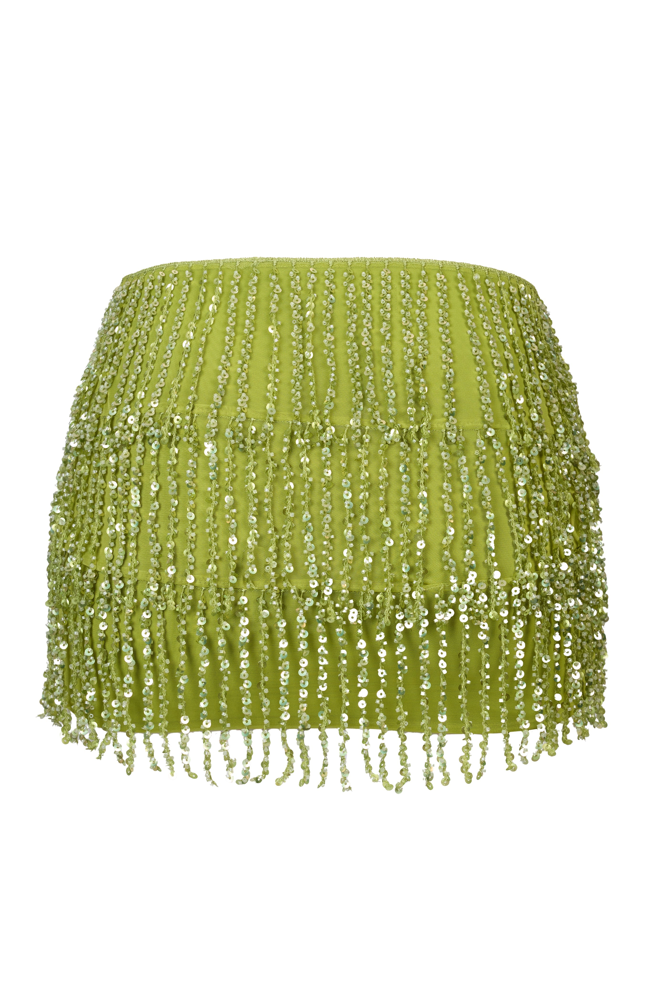 Fringed Low-Rise Mini Skirt in Olive