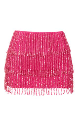 Fringed Low-Rise Mini Skirt in Raspberry