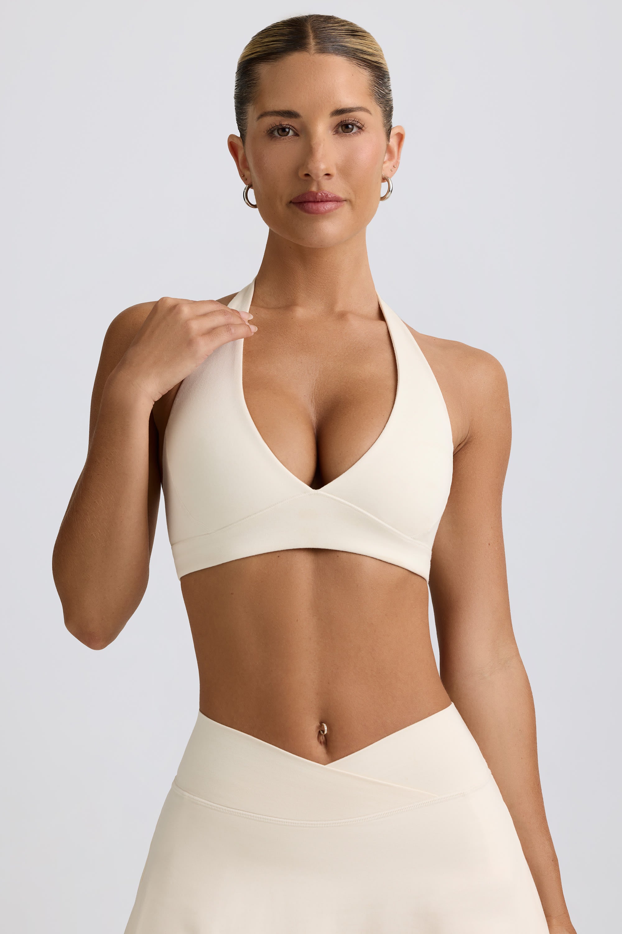 Brushed Jersey V-Neck Sports Bra in Vanilla